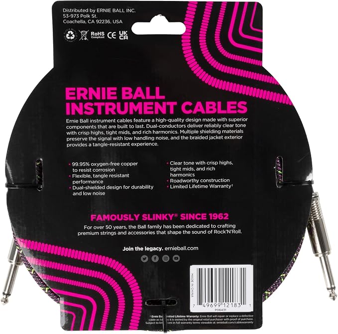 Ernie Ball Braided Instrument Cable Straight/Straight 18ft - Purple Python (P06431)