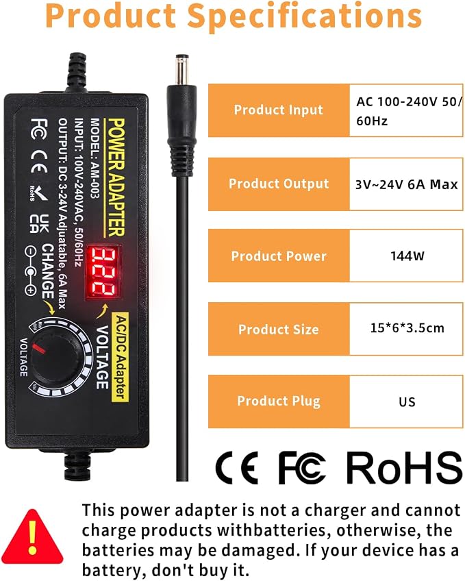 3~24V 6A Adjustable Universal Power Supply Adapter 144W AOYADAISU DC Power Supply with Polarity Converter&14 Tips, 3V 5V 6V 9V 12V 15V 18V 19V 20V 24V 100V-240V AC to DC Converter for LED Strip Light