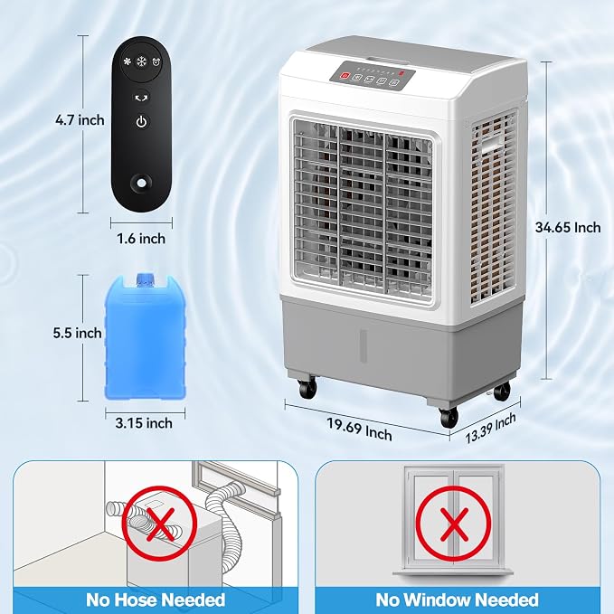 Windowless Swamp Cooler, 3 in 1 Evaporative Portable Air Conditioner with Remote, Cooling Fan Ac Unit,3 Speed, 24H Timer, 5.3 Gal Water Tank, 4 Ice Box for Garage, Patio, Bedroom Home Office Outdoor