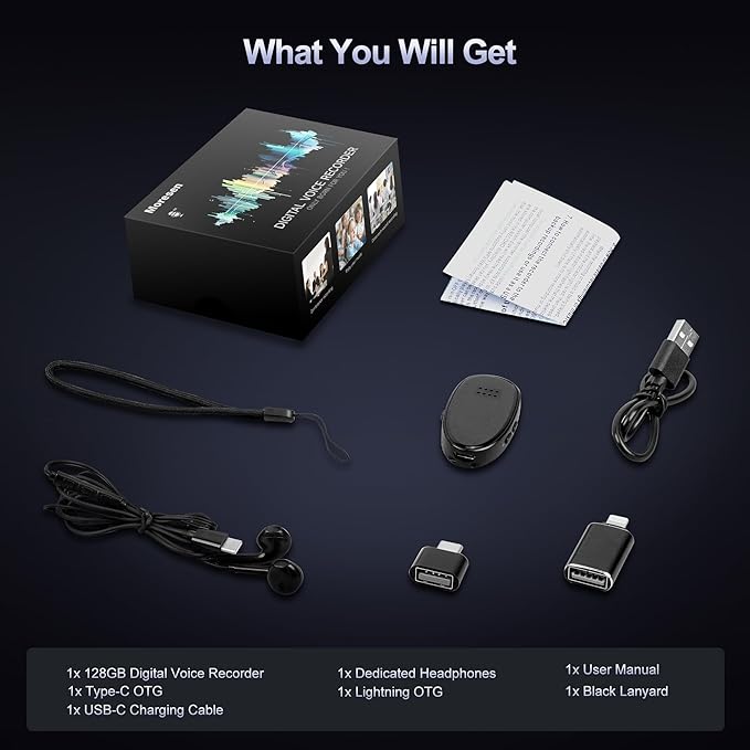 128GB (9860 Hours) Digital Voice Recorder with Noise Cancelling, Recording Device with HiFi Speaker for Meetings, Lectures, 1536kbps MP3 Playback Audio Recorder for Students/Interpreters Use, Black