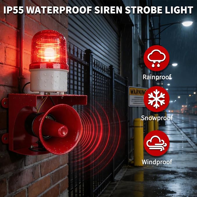 AC110V Industrial Siren Alarm Strobe Light-120dB Loud Horn&Red Beacon Warning Light,Waterproof Indoor/Outdoor Safety Alarm for Emergency,Factory,Office,Fires,Tornado,Intruders,Animal Deterrent
