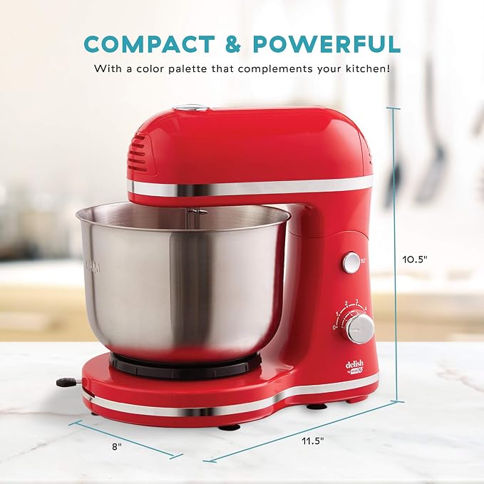 Delish by Dash Stand Mixer - Compact Mixer for Everyday Baking - 5-Speed Power with Removable Mixing Bowl - Dough Hooks Included - Red, 3.5-Quart