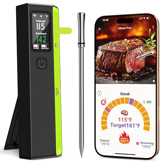 PROGRACE Smart Bluetooth Wireless Meat Thermometer: Standalone Base, WiFi Unlimited Range, 6 Sensors with NIST Certified Accuracy, for iOS and Android, for Kitchen, BBQ, Grill, Oven, Smoker
