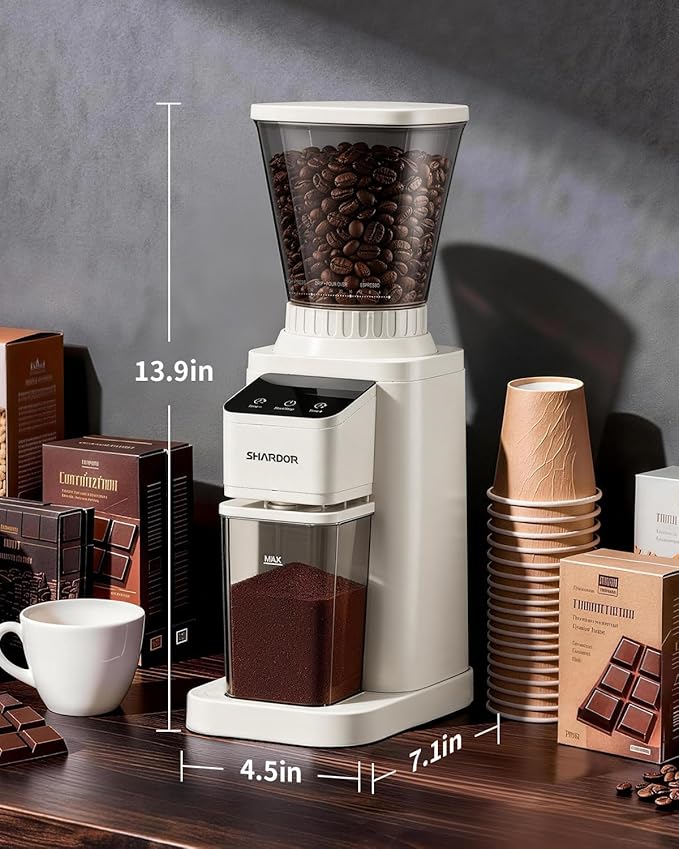 SHARDOR Professional Conical Burr Coffee Grinder, Coffee Bean Grinder with 48 Grind Settings for Espresso, Drip & French Press, Upgraded Anti-Static Technology, Precision Timer, White