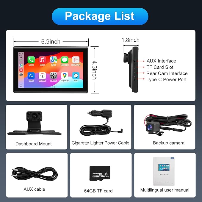 7" Wireless CarPlay Screen for Car- 4K Touchscreen, 4K Dash Cam &1080P Rear Camera,64GB SD Card,Apple CarPlay & Android Auto, Bluetooth, GPS, Voice Control, Plug-and-Play with FM/AUX/Mirror Link