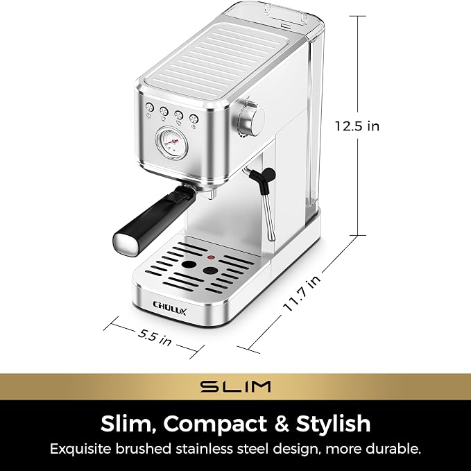 CHULUX Slim Espresso Machine with Milk Frother, 20 Bar Professional Italian Pump Espresso Coffee Machine for Home Cappuccino & Latte Maker, Stainless Steel, Silver