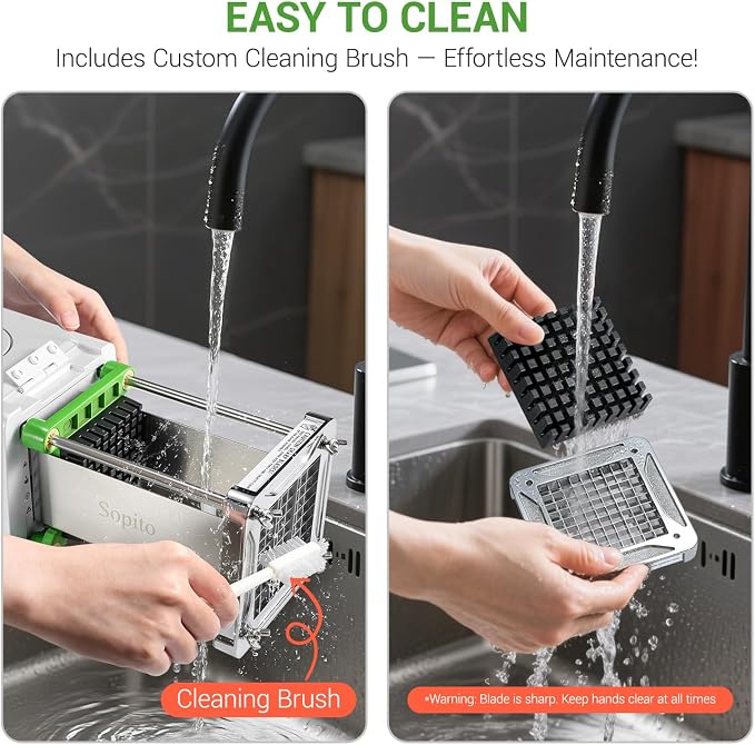 Sopito French Fry Cutter Electric - Stainless Steel Vegetable & Fruit Chopper with 1/2 & 3/8 Inch Blades for Potatoes, Carrots, Cucumbers & Onions