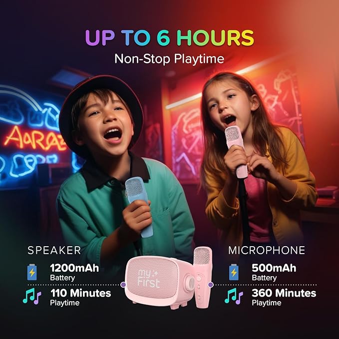 myFirst Voice 2 Kids Bluetooth Karaoke Speaker with 2 Mics | Portable Singing Machine for Children | 5 Voice Changing Effects & Wireless Mic (Pink)