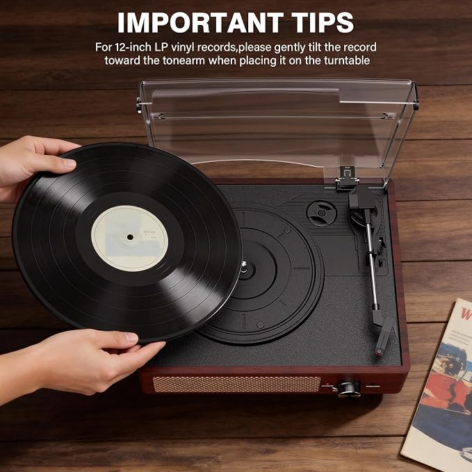 Vinyl Record Player with 2 Stereo Speakers Belt-Driven Vintage Turntables 3 Speed 3 Size Wireless Bluetooth Playback AUX-in RCA Out Headphone LP Vinyl Players Auto Stop Red Wood