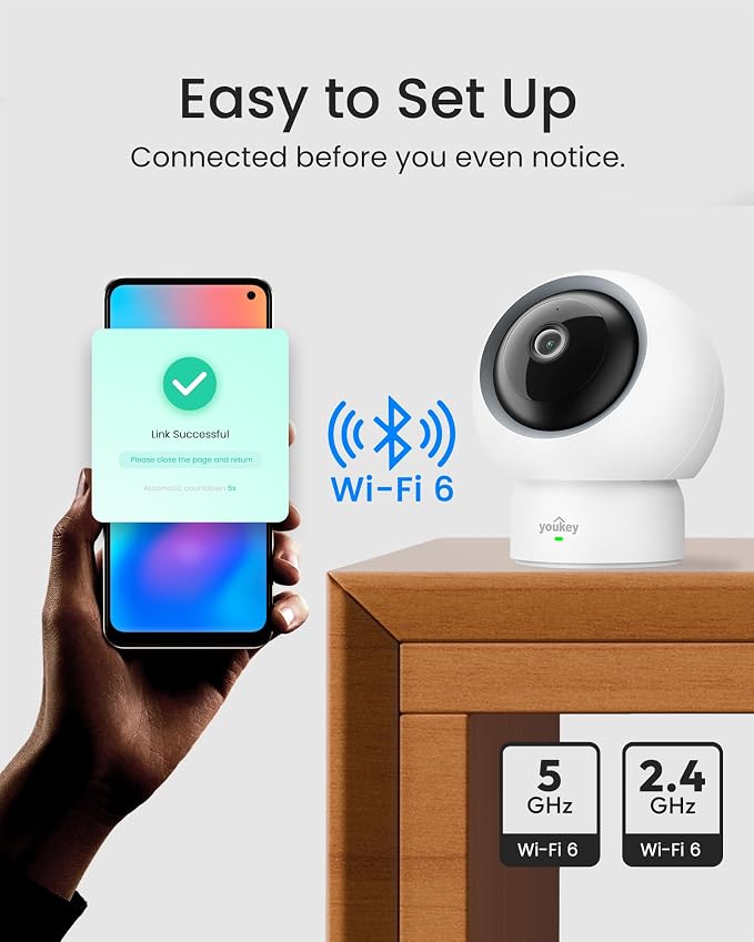 youkey 2.5K Indoor Camera, No Monthly Fees, Pan-Tilt, 360° Dog/Pet Camera for Home Security with Phone App, 5G/2.4G WiFi 6, Human/Pet/Baby Crying Detection, Auto Tracking, Two-Way Audio, Night Vision
