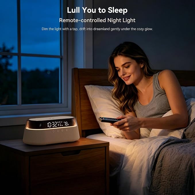 6-in-1 Bluetooth Speaker Alarm Clock with Remote, 15W Fast Wireless Charger, FM Radio & Dimmable LED Night Light, Dual Digital Clock for Bedroom Home Office, Ideal Gifts for Him, Men Women