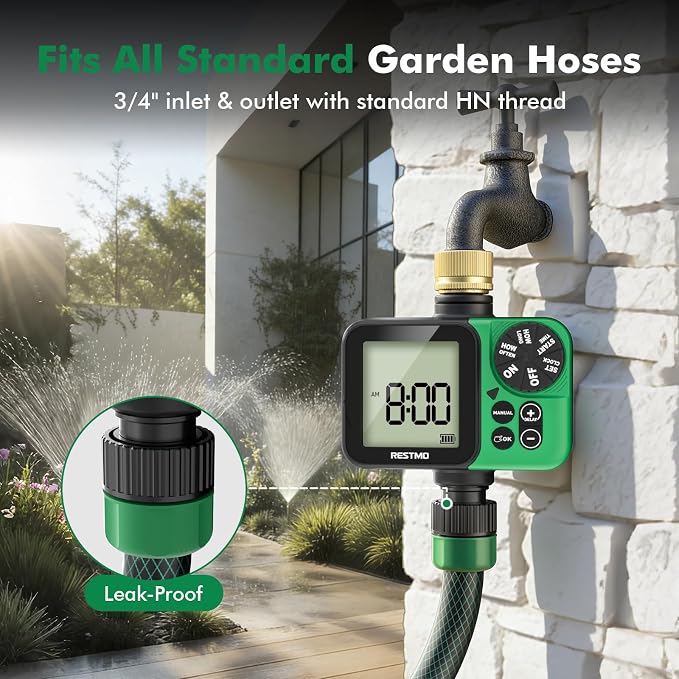 RESTMO Oversized LCD Sprinkler Timer for Outdoor Hose Faucet, Up to 11h59m Programmable Watering Timer for Soaker Hose, Filling, Misting with Brass Inlet, Rain Delay/Manual/Automatic Irrigation System