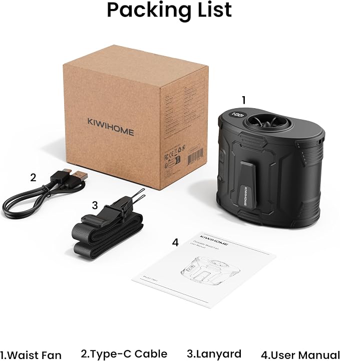 KIWIHOME Portable Waist Fan with 360° Rotatable Airflow & 10° Vertical Adjustment, Clip-On Belt Fan with Physical Power Switch, 4-in-1 Wearable Fan for Outdoor Work, Camping, Travel, Summer Events