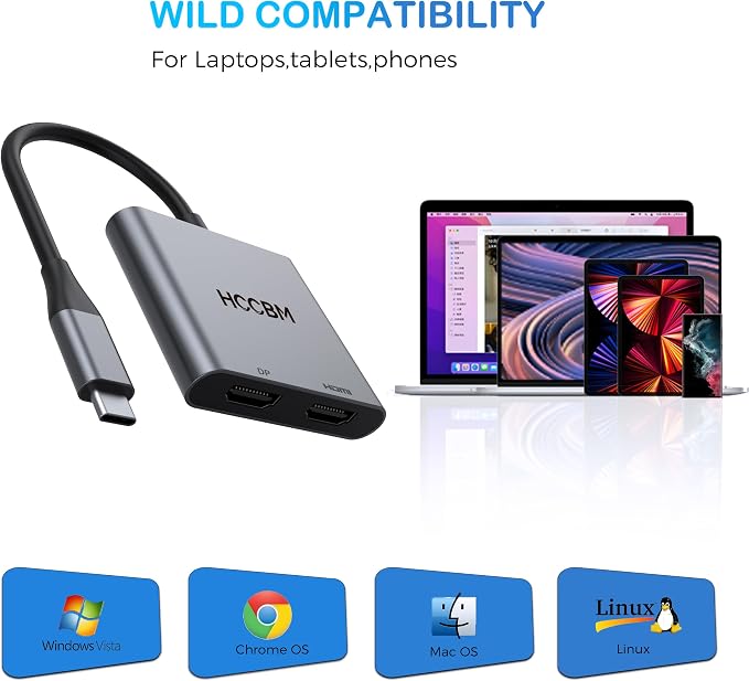 USB C to DisplayPort(DP) and HDMI Adapter 8K, Dual Monitor Adapter for Dell HP Surface Laptops,Thunderbolt 3/USB C Type C to HDMI DP Hub Dongle 4K @60hz.