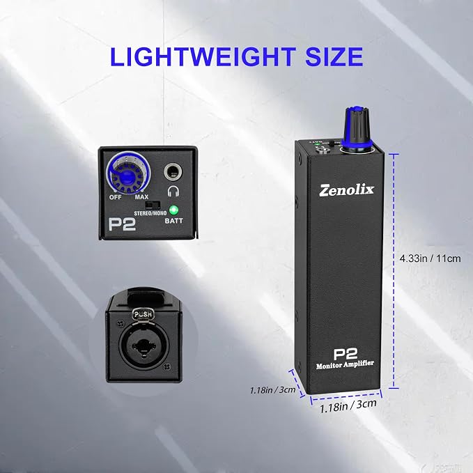 P2 Portable In Ear Monitor Amplifier, Headphone Amp with XLR/TRS Inputs 3.5mm Output, Enhanced Sound Quality, Durable Belt Clip, Guitar Headphone Amplifier with Stereo/Mono Switch for Performers,Black