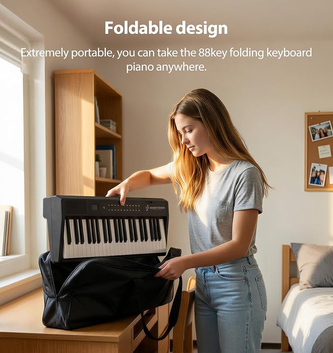 MARVTOWN Portable Folding Piano Keyboard,88Keys Semi-Weighted Full Size,Foldable Digital Piano, Rechargeable Electric/Electronic Keyboard Piano w/MIDI Bluetooth&2 Speakers&Carry-case Beginners Gift