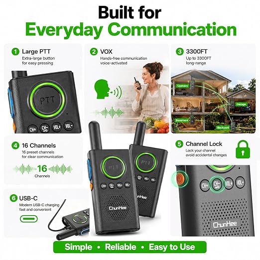 Wireless Intercom System 3300 ft Long Range, 2 Way Intercom for Home Office & Business, Large PTT Button & VOX Hands-Free, 16 Channels Room to Room Intercom, No WiFi Needed (2 Pack)