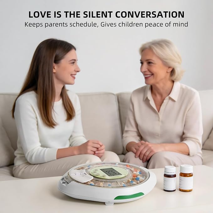 JULOS Automatic Pill Dispenser with 9 Alarms & Front Safety Lock for Elderly & Dementia Care – Sound/Light Reminders, Up to 9 Daily Doses, 28 Compartments Medication Organizer, Clear Lid
