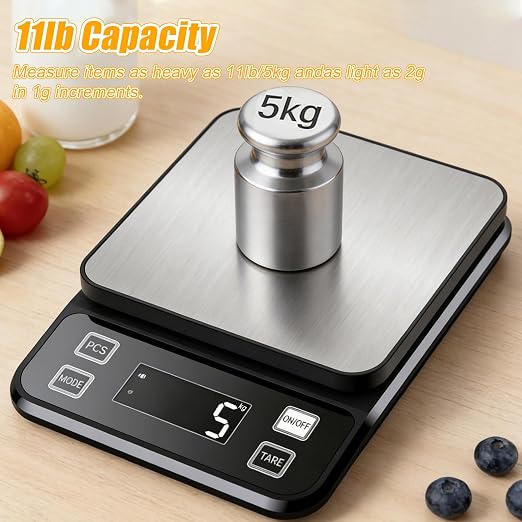 Waterproof Kitchen Scale, 5kg/11lb Food Scale Precisely Measures Grams and Ounces for Baking and Cooking, Stainless Stee Digital Scale with Backlight for Food