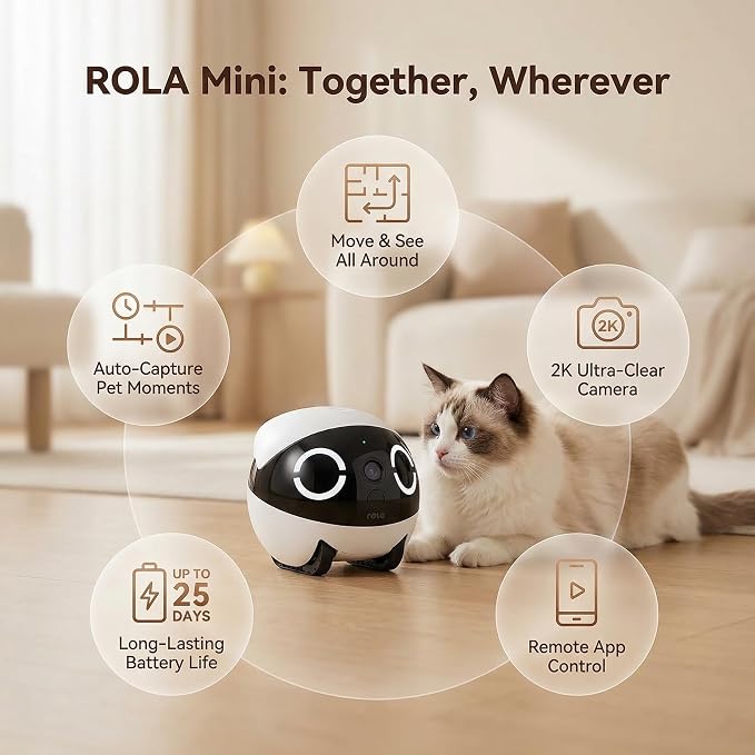 Mini Pet Camera Robot - Enabot EBO ROLA 2K HD Indoor Movable Camera with 5000mAh Battery, Two-Way Talk, Night Vision, Motion Detection, One-Touch Call for Pet Monitoring & Family Companion
