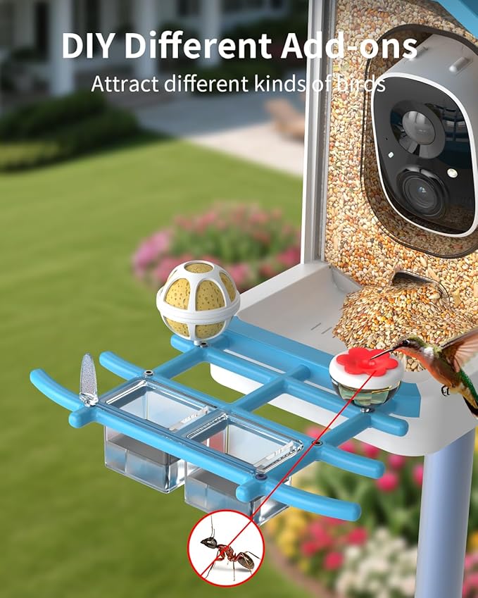 Bird Feeder with Camera, 2K Smart BirdCamera with Solar Powered, AI Identify Birds Species, Instant Arrival Alerts, 2.4Ghz WiFi Bird House for Outdoors, Ideal Gift for Family and Bird Lovers (Blue)