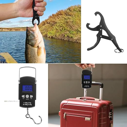 Digital Scale with Lip Gripper:110 Lbs/50 Kg Backlight LCD Display Fishing Scale with Build in Ruler and 2pcs Fish Lip Gripper