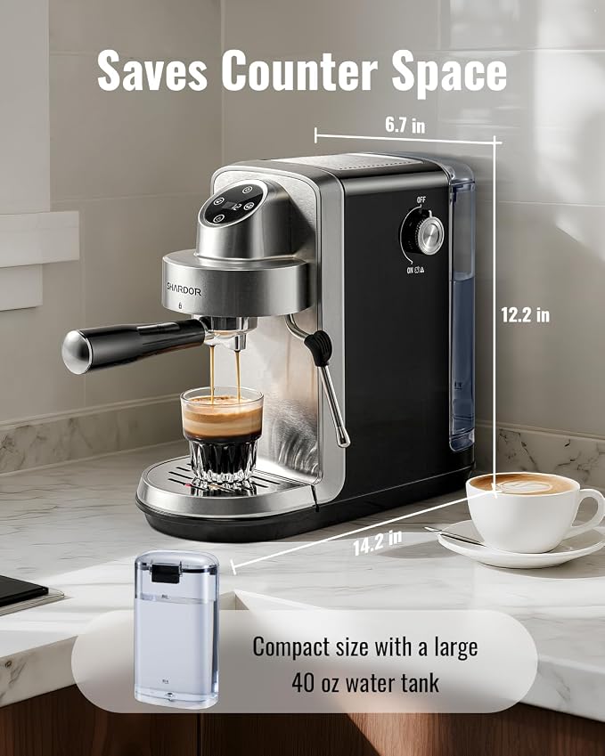 SHARDOR 20 Bar Espresso Machine, Touchscreen Expresso Coffee Machines with Steam Milk Frother for Home, Espresso Coffee Maker for Cappuccino, Latte, 40oz Removable Water Tank, Silver & Black