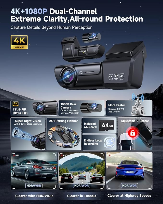 F8 4K Dash Cam Front and Rear, 170° Wide Angle Dshcam Front and Rear Camera with 64GB Card, 5G WiFi & App Control, WDR/HDR Night Vision, 24H Parking Mode, Loop Recording