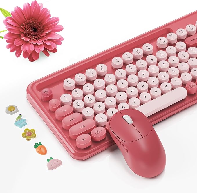 Wireless Keyboard and Mouse Combo, Retro Round Keycaps, Full-Size Stylish Typewriter Keyboard with Large Phone/Tablet Holder, 3-Level DPI Ergonomic Mouse, 2.4GHz Cordless for Windows PC, Rose Pink
