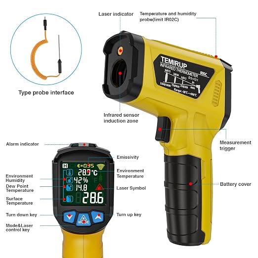 Infrared Thermometer Gun, TEMIRUP Non Contact Digital IR Laser Thermometer Temperature Gun with Probe for Cooking, Pizza Oven, Griddle, Humidity Measurement, Adjustable Emissivity -58°F to 1472°F