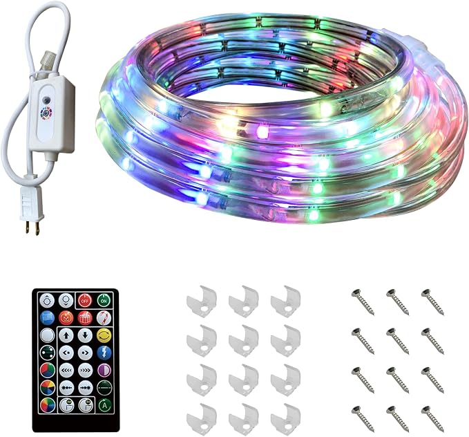 RGB Strip Lights with IR Remote Control, 12FT 72LEDs RGB LED Outdoor Rope Lights, 13MM Waterproof Neon LED Lights 500+ Colors for Bedroom Living Room Patio Christmas Decor (12ft)