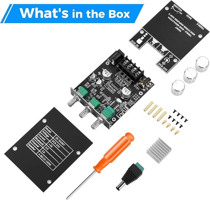 Daakro ZK-502MT Bluetooth Amplifier Board,50W+50W 2.0 Channel Amp Board with Treble and Bass Control,DC 9-24V, Bluetooth and AUX Inputs, Audio Amp Board for Home DIY Wireless Speakers, Password Free
