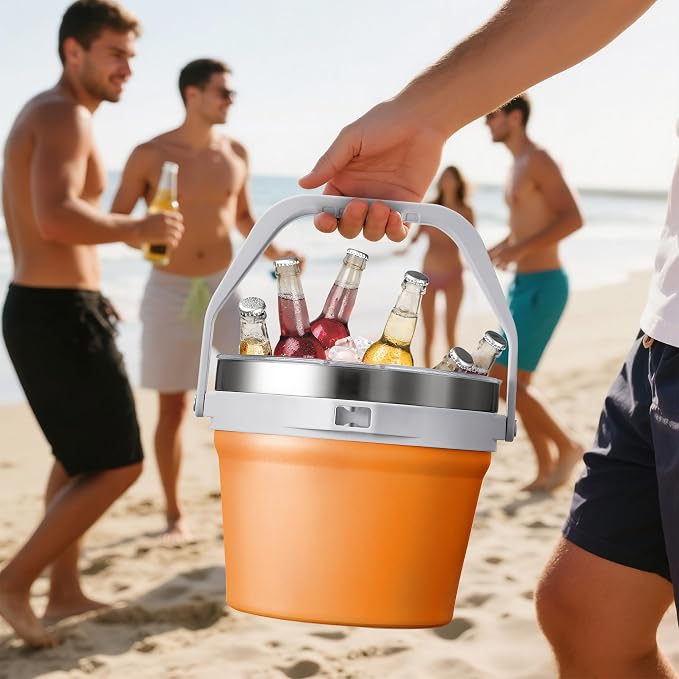 COKTIK 7L Vacuum Insulated Ice Bucket with Lid and Scoop& Tongs,Large capacity Stainless Steel Beverage Bucket for Cocktail, Champagne, Wine, Beer,Large Parties(Orange Suit)