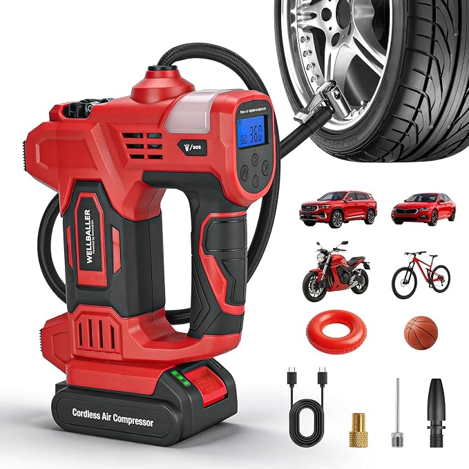 Tire Inflator Portable Air Compressor,20V Cordless Tire Inflator with 150PSI Max,4X Faster Portable Air Pump,Battery Powered Pump with Digital Pressure Gauge for Car Tires,Motorcycle,Bike,Balls