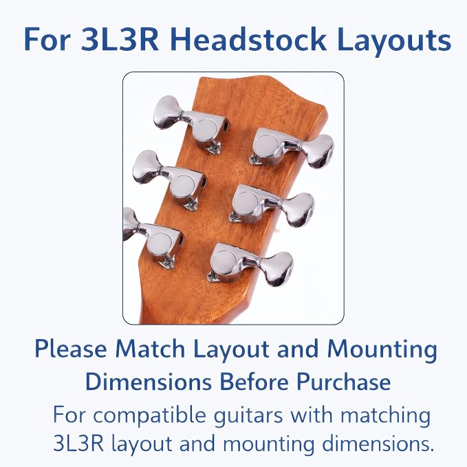 Guitar Tuners, 3L3R Sealed Tuning Pegs, 18:1 Guitar Machine Heads, 6-Pack with Screws Nuts and Washers, Silver-Plated Finish