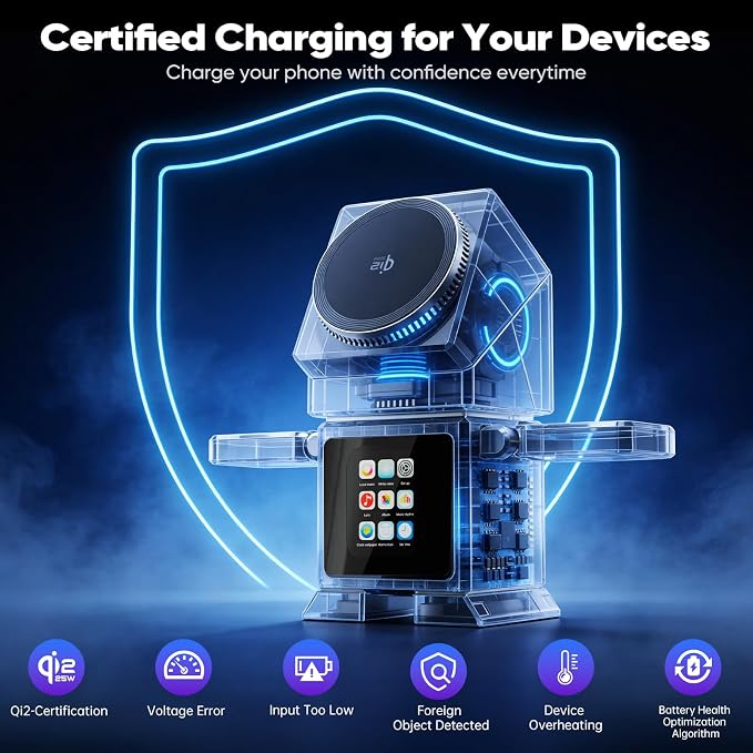 Robot 7-in-1 Wireless Charging Station, Qi2.2 25W Magnetic Rotating Charger for iPhone 17-12 Series, iWatch, AirPods, Bluetooth Speaker, Alarm Clock with LCD Display, Desk Organizer & Decor, Sliver
