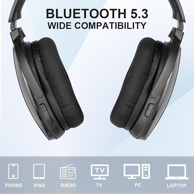 Wireless Headphones for TV with 2.4GHz RF Transmitter Charging Holder, Personal Volume, Plug and Play, 100FT, Bluetooth TV Headphones Wireless for Seniors, No Delay, Support OPT/RCA/AUX, Black, DB100