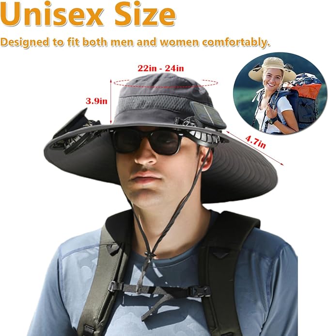 Wide Brim Sun Hat with Solar Fan, Solar Powered Fan Hat with Mosquito Head Net, Men & Women Cooling Cap for Outdoor