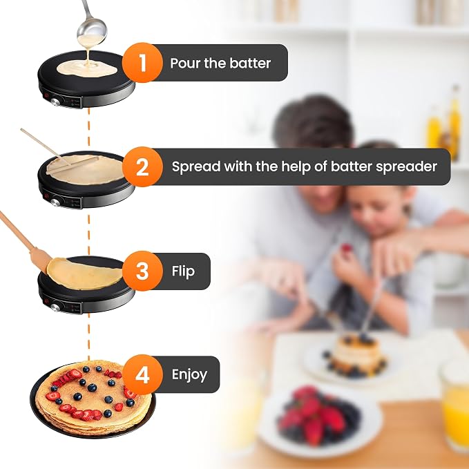 Morning Star 12-Inch Electric Crepe Maker with Nonstick Cooktop | Portable Griddle | Adjustable Temperature Control | Includes Wooden Spatula, Batter Spreader, 2 Recipe Booklets