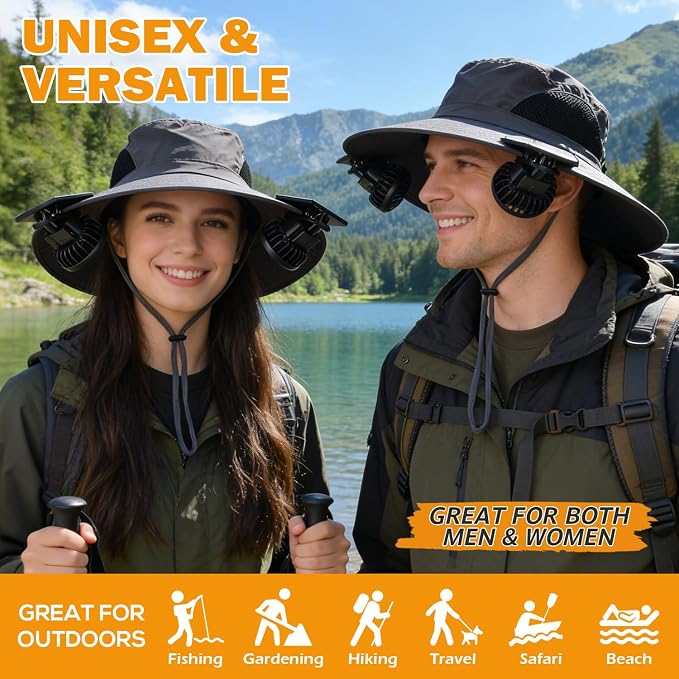 Wide Brim Sun Bucket Hat with 2 Solar Powered Fan for Men & Women | Waterproof & UPF 50+ Sun Protection Hat with Dual-Power Clip-On Cooling Fans for Outdoor Hiking Fishing Gardening