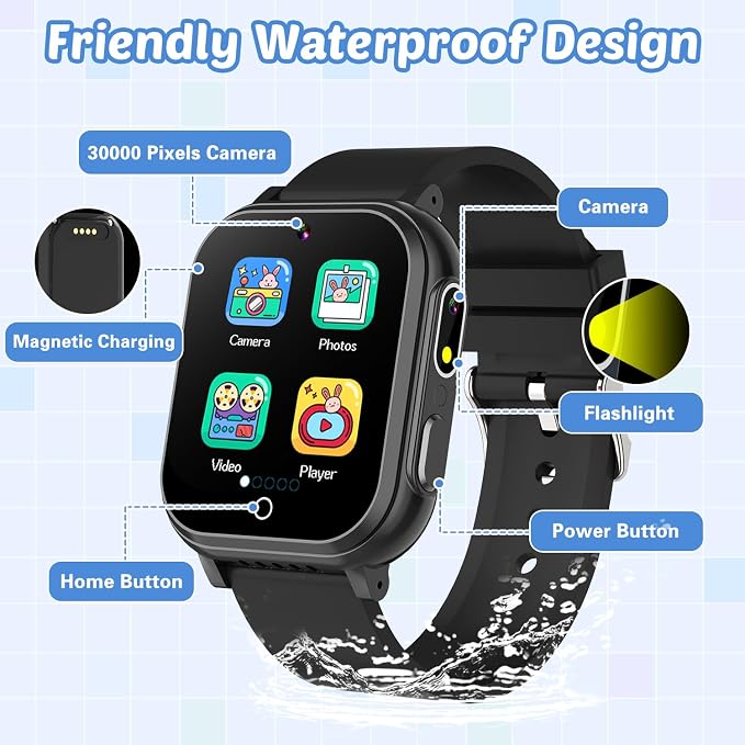 Waterproof Smart Watch for Kids with 32 Games Dual Camera Video Habit Tracking Music Player Pedometer Screen Protectors Lanyard, HD Touchscreen Kids Smart Watch Toy Birthday Gift for 3-12 Year Old