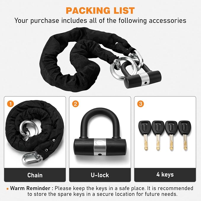 Heavy Duty Motorcycle Chain Lock, 12mm Hardened Steel Anti Theft Bike Lock Chain with U Lock & 4 Keys, 4.9FT Cut Resistant Security Lock for Motorcycle, E-Bike, Scooter, Bicycle, Gate - Silver