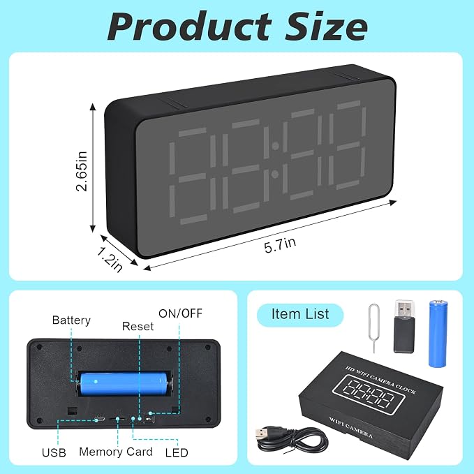 Digital Clock Style Indoor WiFi Camera 1080P HD - Night Vision, Visible Desk Placement for Baby Pet Elderly Monitoring