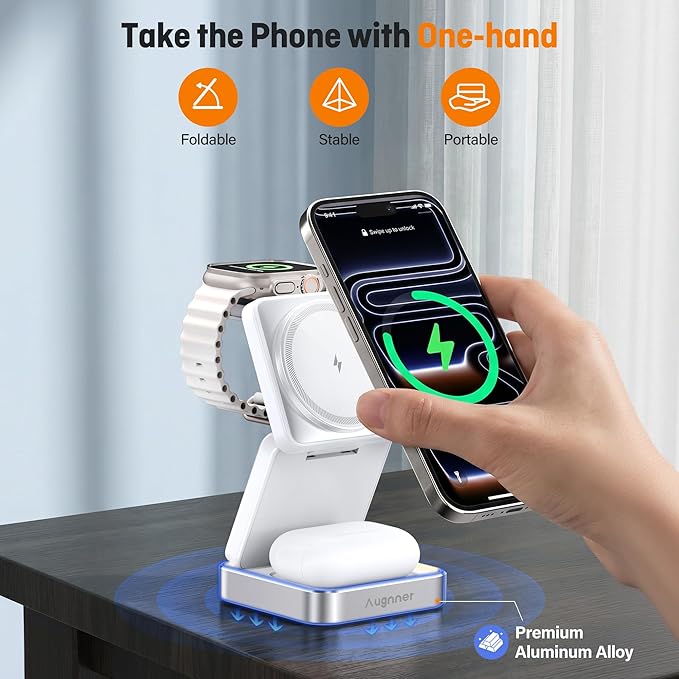 25W 3-in-1 Charging Station for Apple Device, Foldable Magnetic Wireless Charger, Fast Travel Charging Stand Compatible with Magsafe for iPhone17/16/15/14/13/12 Series, Apple Watch/AirPods