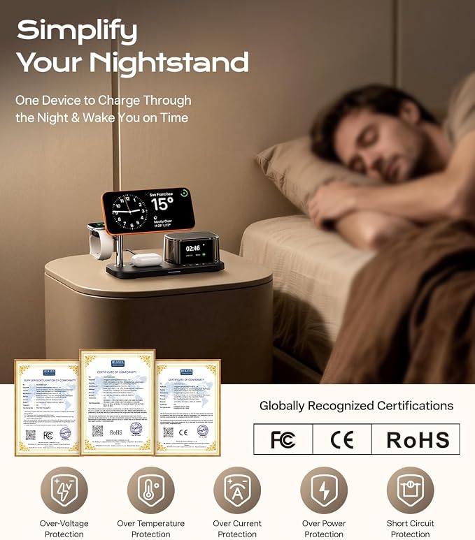 Meifigno 45W 5 in 1 Charging Station with Bluetooth Speaker and Alarm Clock & Night Light, Qi2.2 25W Fast Wireless Charger for MagSafe Charger for iPhone 17/16, Charger Stand for Apple Watch & AirPods