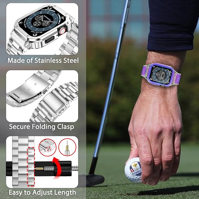 MioHHR Stainless Steel Band and Case Compatible with Apple Watch Band 44mm 42mm (Series 3/2/1), Men Metal Protective Bumper Cover for iWatch Series 6/5/4/3/2/1/SE/SE2/SE3, Multicolor