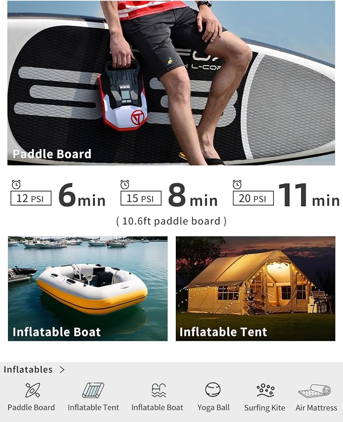GICLE Paddle Board Pump Electric, 12V DC Car Pump for Inflatable SUP with Dual Stage Fast Inflation & Auto-Off, Portable Air Pump for Boat, Kayak, Air Mattress, Tents-6.5 Mins to 12PSI