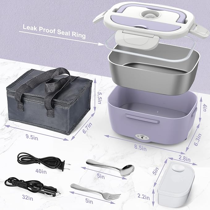 WisaKey Purple Electric Lunch Box Food Heater 80W Heated Lunch Box for Women, 12V 24V 110V 220V Portable Food Warmer Lunchbox hot lunch box for Car Truck Work with 304 SS Container Christmas Gift