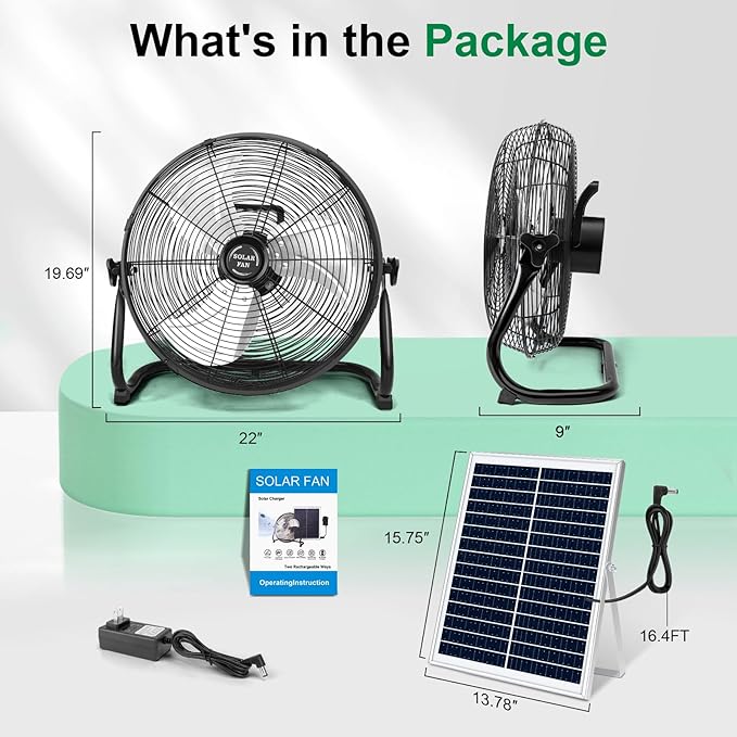 DBF 18" Solar Powered Fan - Rechargeable Outdoor Floor Fan with 30W Solar Panel, Portable Large Solar Fans for Outside Home Garage Camping Greenhouse RV Gym Patio Travel