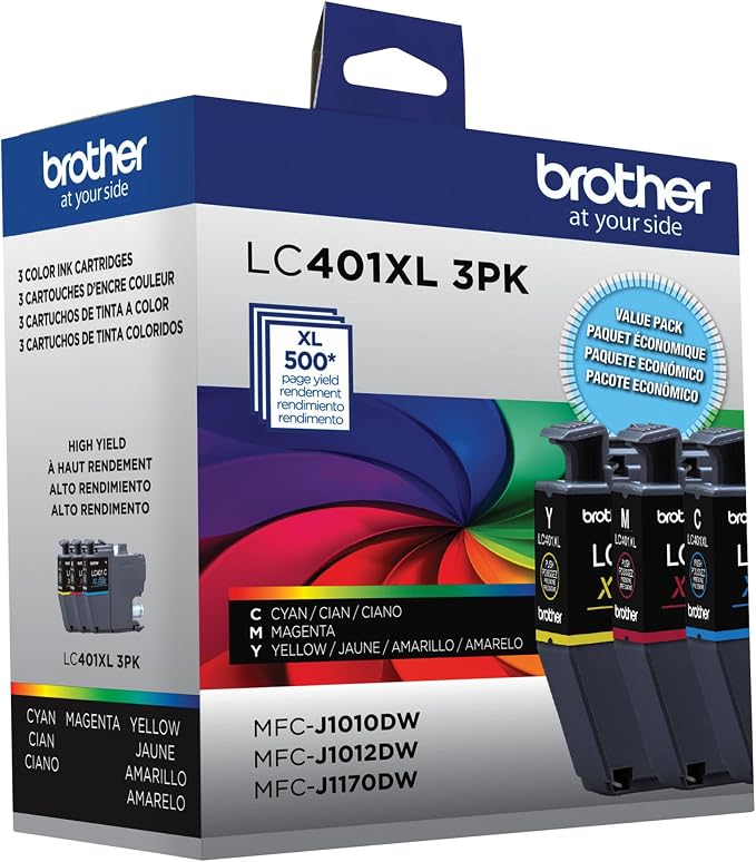 Brother Genuine LC401XL 3PK High Yield 3-Pack Color -Ink -Cartridges Includes 1- -Cartridge Each of Cyan, Magenta and Yellow -Ink.